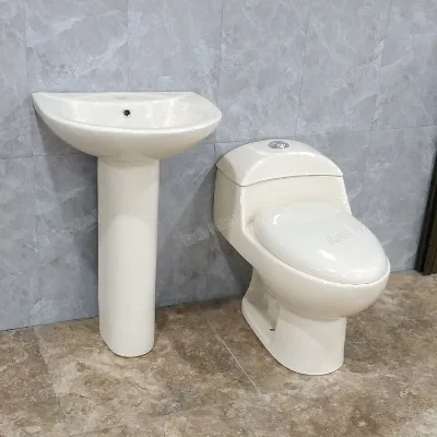 One Piece Ceramic Toilet Sink Combo with Dual-Flush Floor Mounted Installation Bone Color Bathroom Set