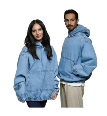 KY Unisex High Quality Anti-Shrink Denim Luxury Hoodies Blue Light Wash Baggy Hoodies Embroidered Logo None Drawstring Winter