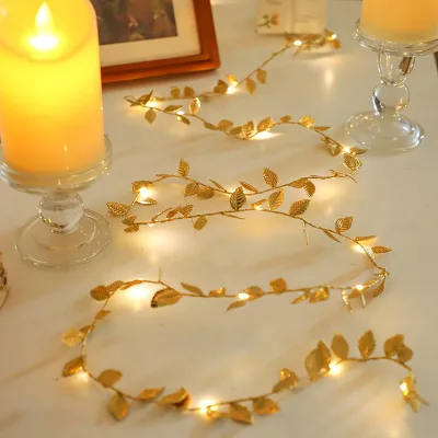 Cross Border New Gold Silver Leaf Simulation Rattan Indoor Plastic LED Light String Battery Powered Christmas Wreaths Flower