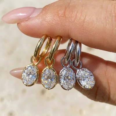 Wholesale Bulk Solitaire diamond Silver 925 Statement Jewelry Six Prong Set Gold Plated 1ct Oval Moissanite Dangle Hoop Earrings