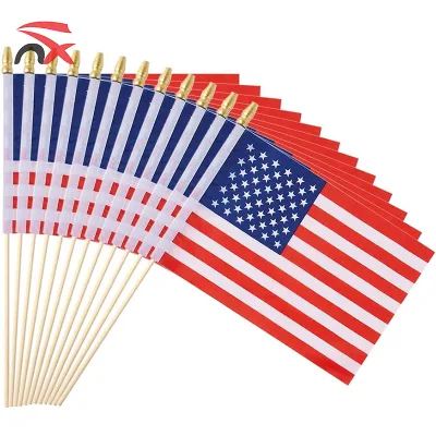 2026 American Independence Day Celebration High Quality Polyester 14*21cm Wooded Pole Hand Wave Flags for Decoration