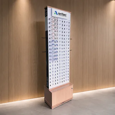 Custom Double Sided Pvc Panel Optical Display Rack Wooden Base Cabinet Rotating Sunglasses Rack Display Retail Chain Fitting