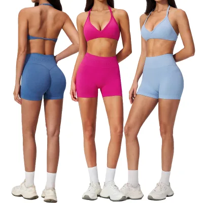 Slim Contour Fitness Matching Tracksuit for Pilates Exercise Seamless Halter Beauty Back Tummy Control Women Yoga Two Piece Set