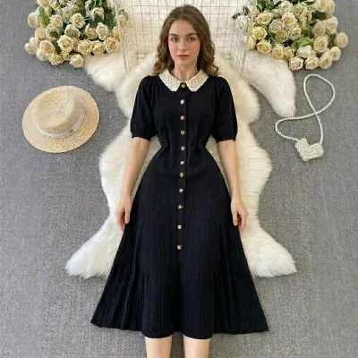Wholesale Women Clothing Bubble Sleeve Knitted Dress High Quality Luxury Elegant Socialite Peter Pan Collar Long Dresses Women