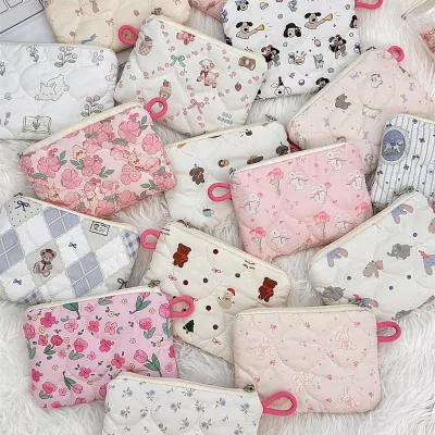 Ginzeal Cute Cartoon Animal Floral Quilted Cotton Makeup Bag Kawaii Bear Rabbit Pattern Portable Zipper Cosmetic Pouch