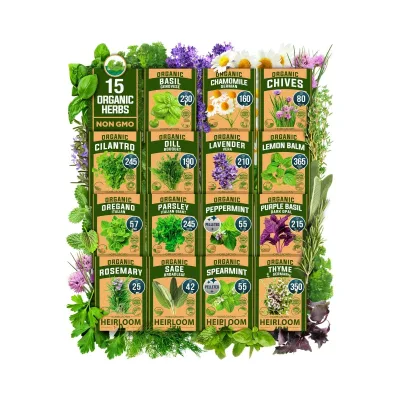 15-Piece Organic and Heirloom Herb Variety Pack High-Germinating for Indoor or Outdoor Herb Garden Grow Bags Included