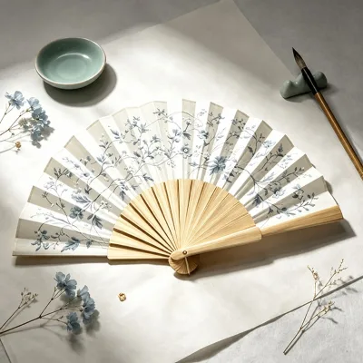 BSBH Custom Logo Cheap Foldable Fan Wooden Handle Unique Blue Flower Print Top Grade 23cm for Wedding Party Favors Decor