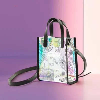 Custom Logo Transparent Women's Holographic Clear PVC Jelly Tote Bag Waterproof Portable Summer Fashion Vintage Style Beach