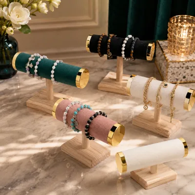 Luxury Wooden Base Bracelet Display Stand with Velvet Cylinder Bar for Jewelry Store Counter Showcase