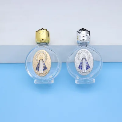 Holy Water Bottle with Rhinestone Virgin Mary Medal, Gold/Silver Round/Square Empty Religious Container for Baptism Gift