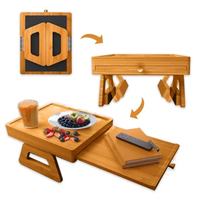New Design Expandable Bamboo Sofa Armrest Tray with Drawer Storage Living Room Couch Armrest Tray Multi Functional Folding Stand