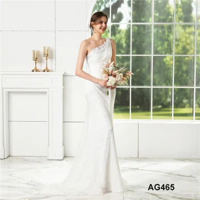 Custom Soft Luxury Trumpet One Shoulder Modest Evening Party Diamond Mermaid Wedding Dress Elegant Chapel Train
