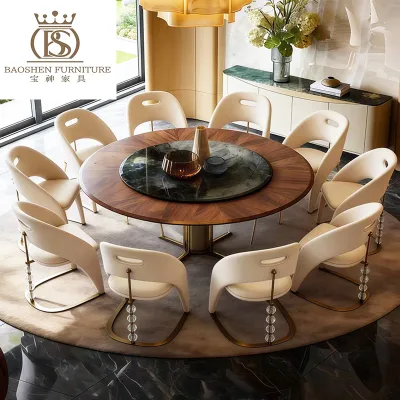 BS Luxury Design Dinning Chair 10 Seater and Dining Table Set Metal Golden Dining Room Furniture for Villa Restaurant