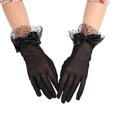 Black Polka Dot Tulle Gloves Big Bow Sheer Mesh Short Gloves Party Cosplay Wedding Accessory