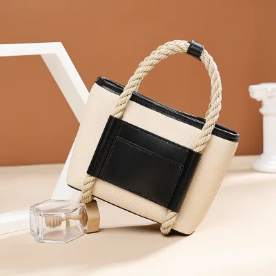 Women Mini Canvas Tote Bag Soft Rope Handles Genuine Leather Patchwork Design Small Fashion Crossbody Shoulder Handbag