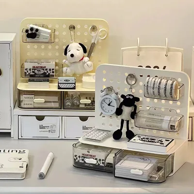 Double Tiers Home Office Plastic Desktop Pegboard Organizer Stationary Storage Container with Pen Holder Compartment Living Room