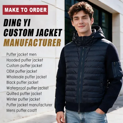 Hybrid Puffer Jacket Hooded Quilted Knit Sleeves Navy Winter Padded Coat Custom OEM Two Way Zipper