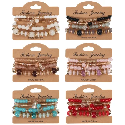 4pcs Bohemian Stackable Set Bracelet Multilayered Stretched Crystal Glass Beaded Bracelet for Women Girls
