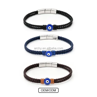 Custom Eye of Evil Charm Genuine Leather Bracelet for Men Stainless Steel Magnetic Clasp Jewelry Friendship Souvenir Gift