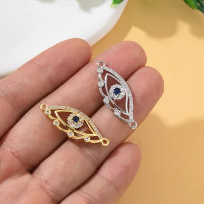 Blue Cubic Eye Connector Charm 18K Gold Plated Micro CZ Pave Connector 24*10mm Bracelet Necklace Making Jewelry Findings