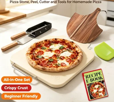 Pizza Stone for Oven and Grill Set - 5PCS Pizza Making Accessories Kit - 15 Inch Pizza Stone with Handles