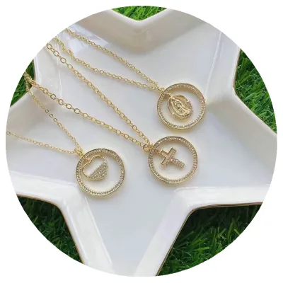 CZ Cross Charm Pendant Necklace Round Virgin Mary Pendant Necklace Wholesale Heart Necklace