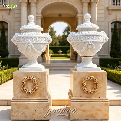 YouFine Hand Carved White Marble Garden Urn Classical Floral Pedestal Outdoor Stone Planter for Landscape Villa
