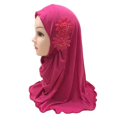 Multi Color Kids Instant Hijab for 2 to 7 Year Old Girl Head Scarf Arabia Two Flowers Luxury Instant Jersey Hijab