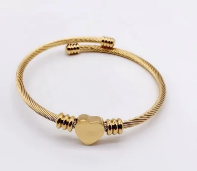Stainless Steel Metal Twisted Bangle Gold Color Plated love Heart Bangle Adjustable Cuff Bangle