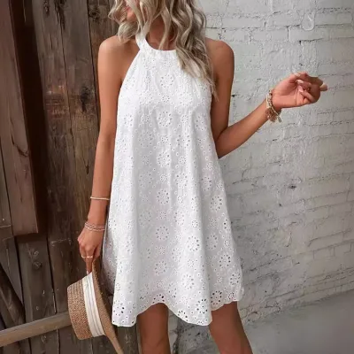 New Solid Halter Dress Women Summer Loose Casual Hollow Short Skirt Elegant Resort Style Sleeveless Shoulder Dress
