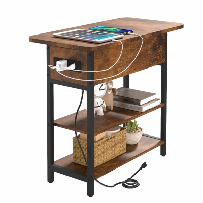 Living Room Bedroom Narrow Nightstand Storage Shelves End Table with Charging Station