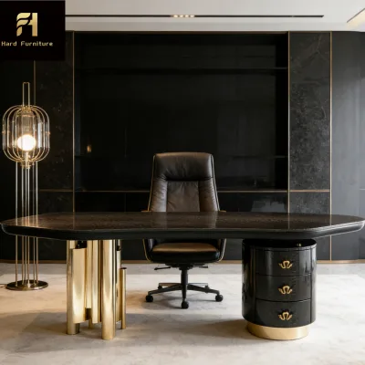 Italy High-End Black Marble Tabletop Computer Desk Postmodern Villa Stainless Steel Leg Light Luxury Office Desk