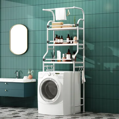 Bathroom Spacesaver Organizer Storage Rack Floor Mounted Rack Over Toilet Washing Machine Organizer Shelf with Hanging Rod