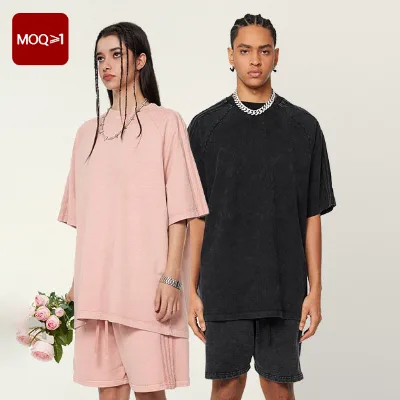 Summer High Quality Casual Breathable Short Sleeve Acid Wash T Shirt and Shorts Set Two Piece for Men