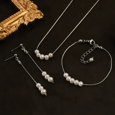 Natural Freshwater Pearl Jewelry Set for Women Daily Office Wedding Bridesmaid Gift Dainty Bridal Jewelry Set Minimalist Jewelry