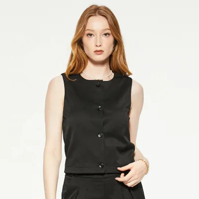 Women's Custom Summer Simple Trend Sleeveless Black Vest Top with Round Tie Button On-Trend Summer Fashion