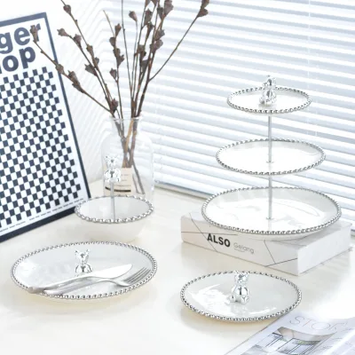 Light Luxury Ceramic Plate with Silver Side Storage Double Layer Fruit Plate and Three Layer Display Plate