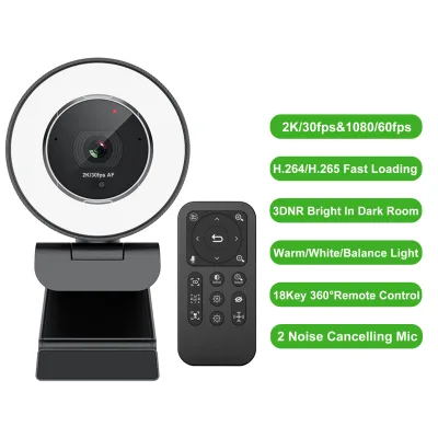 High-Resolution Webcam with 2K Image Quality, 1080P 60fps, Dual Mics, and Remote Control