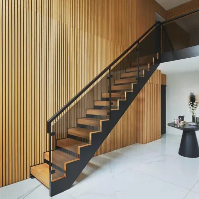 Carbon Steel Beam Straight Stair System Wooden Steps Glass Railing Metal Top Rail Custom Straight Stair for Residential Project