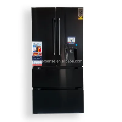 627L Black 4 Door Refrigerator Stainless Steel Panel Water Dispenser LCD Touch Screen Inverter Frequency Conversion