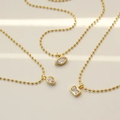 White CZ Pendant Necklace Assorted Geometric Shapes Marquise Oval Gold Plated Bezel Gold Ball Chain Jewelry Gift for Women