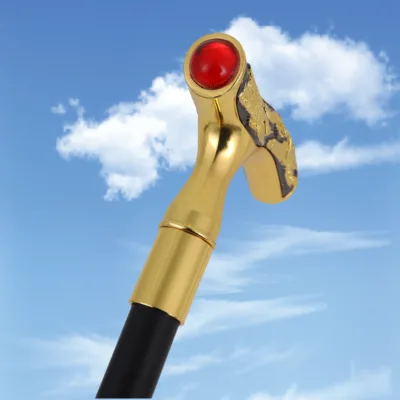 Luxury Alloy Gold Walking Cane with Round Red Gem Ornament, Detachable Sectional Craft Scepter Collection Walking Stick Sword