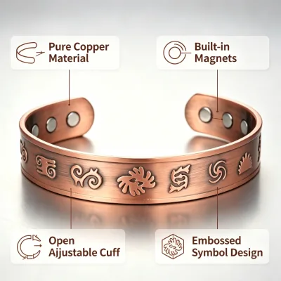 Pure Red Copper Magnetic Bracelet Vintage Totem Embossed Adjustable Open Cuff Bangle