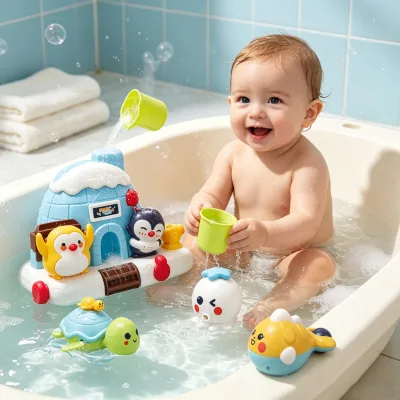 Baby Toddler Wind-Up Swimming Dolphin & Penguin Bath Toy with Adjustable Waterfall Shower-Eco-Friendly ABS Plastic