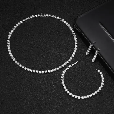 SHIYOUYOU Women's Platinum Silver Plated Heart Shape Micro Insert Western Style Jewelry Set Necklace Earrings Bracelet Zhejiang