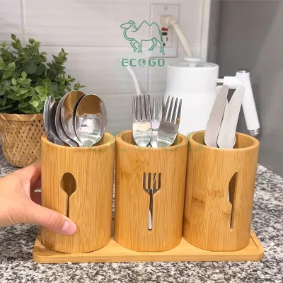 Reusable Bamboo Silverware Organizer Countertop, Flatware Caddy, Bamboo Utensil Holder for Party, Kitchen Table, Farmhouse
