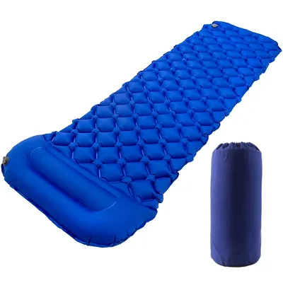 Camping Ultralight Inflatable Nylon TPU Sleeping Mat with Pillow and Built-in Foot Pump