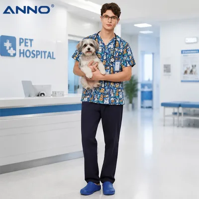 3pcs Professional Veterinary Medical Scrubs Set Funny Animal Print with Autoclavable TPE Safety Medical Shoes for Pet Hospital