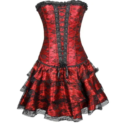 Gothic Holiday Costume Sexy Vintage Floral Overbust Corset Showgirl Clubwear Dress Green Red Corset Dress