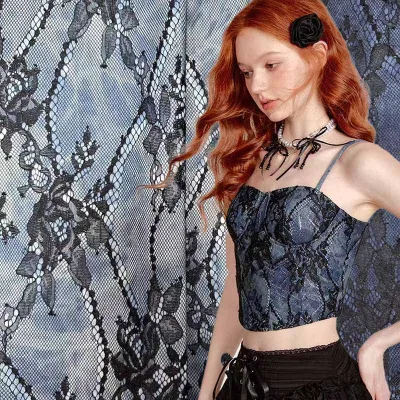 Wholesale Retro Style Tie Dye Denim Patchwork Lace Fabric 65%Cotton 35%Viscose 1%Spandex Denim Fabric for Jeans